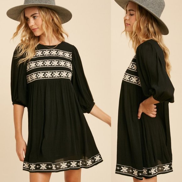 NEW Black Ethnic Embroidered BOHO Babydoll Dress - Picture 4 of 11